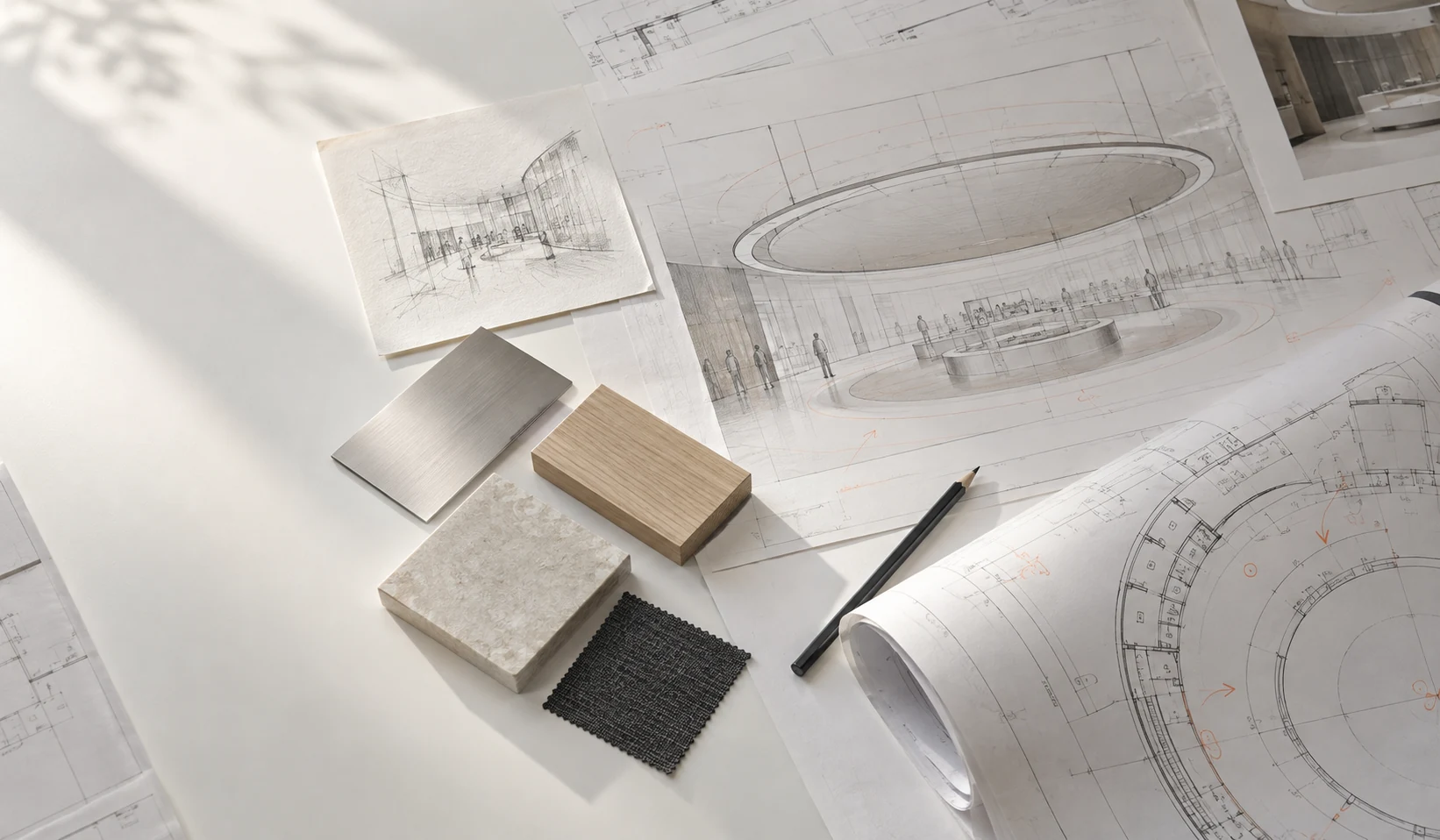 Estudio de diseño: planos, bocetos y muestras de materiales sobre una mesa de trabajo